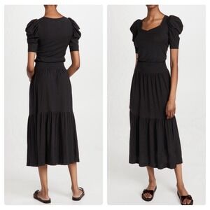 Nation LTD Thea‎ Black Maxi Dress XS Short Sleeve Puff Sleeve Tiered Smock Waist